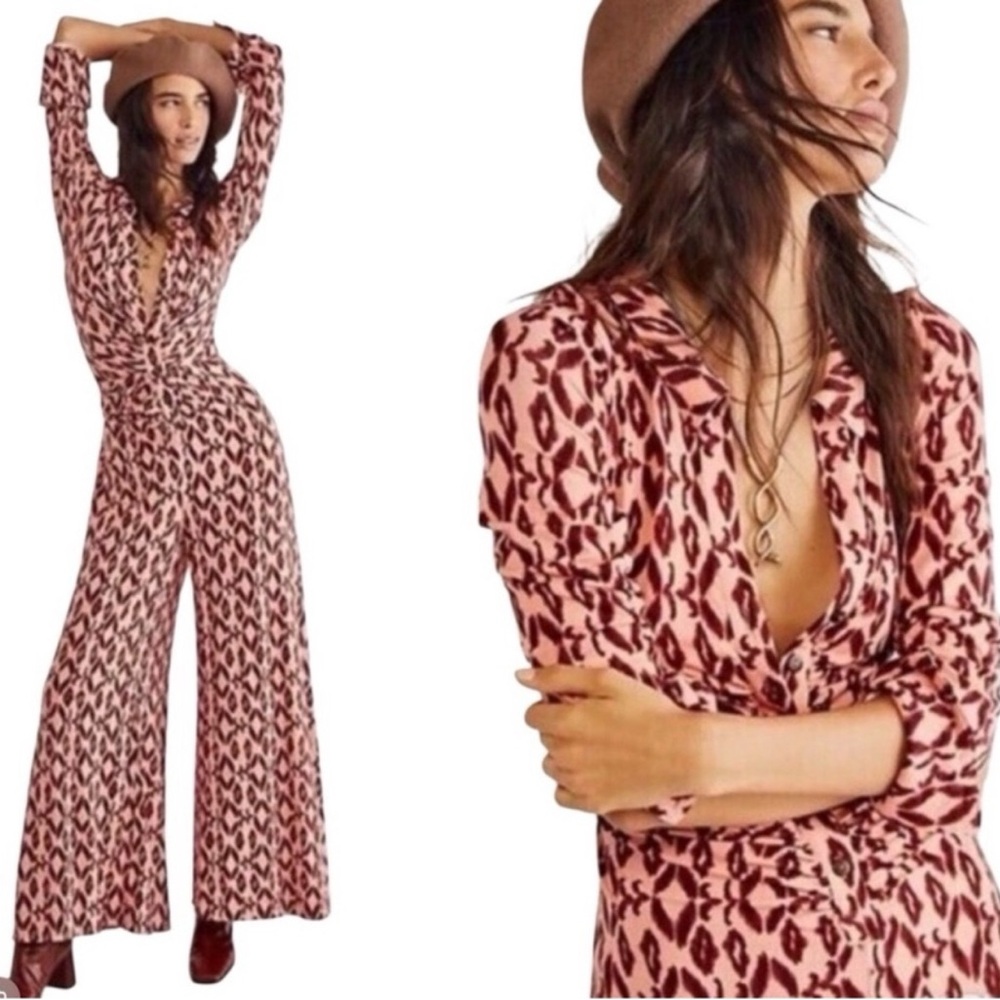 Free People Pink and Brown Patterned Shayla Jumpsuit
